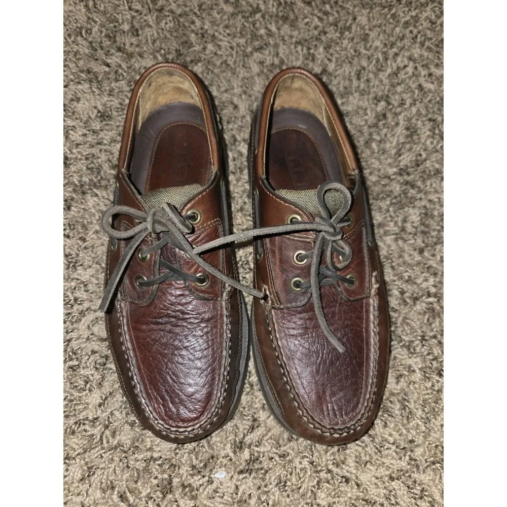 LL Bean Allagash Bison Leather Hand Sewn Boat Shoes Brown Mens Size 7 EE Wide